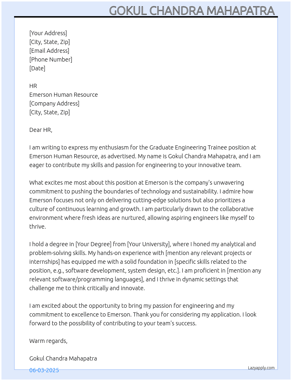 Graduate Engineering Trainee  At Emerson Human Resource  Cover Letter
