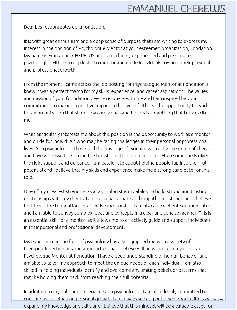 Psychologue Mentor At Fondation Cover Letter