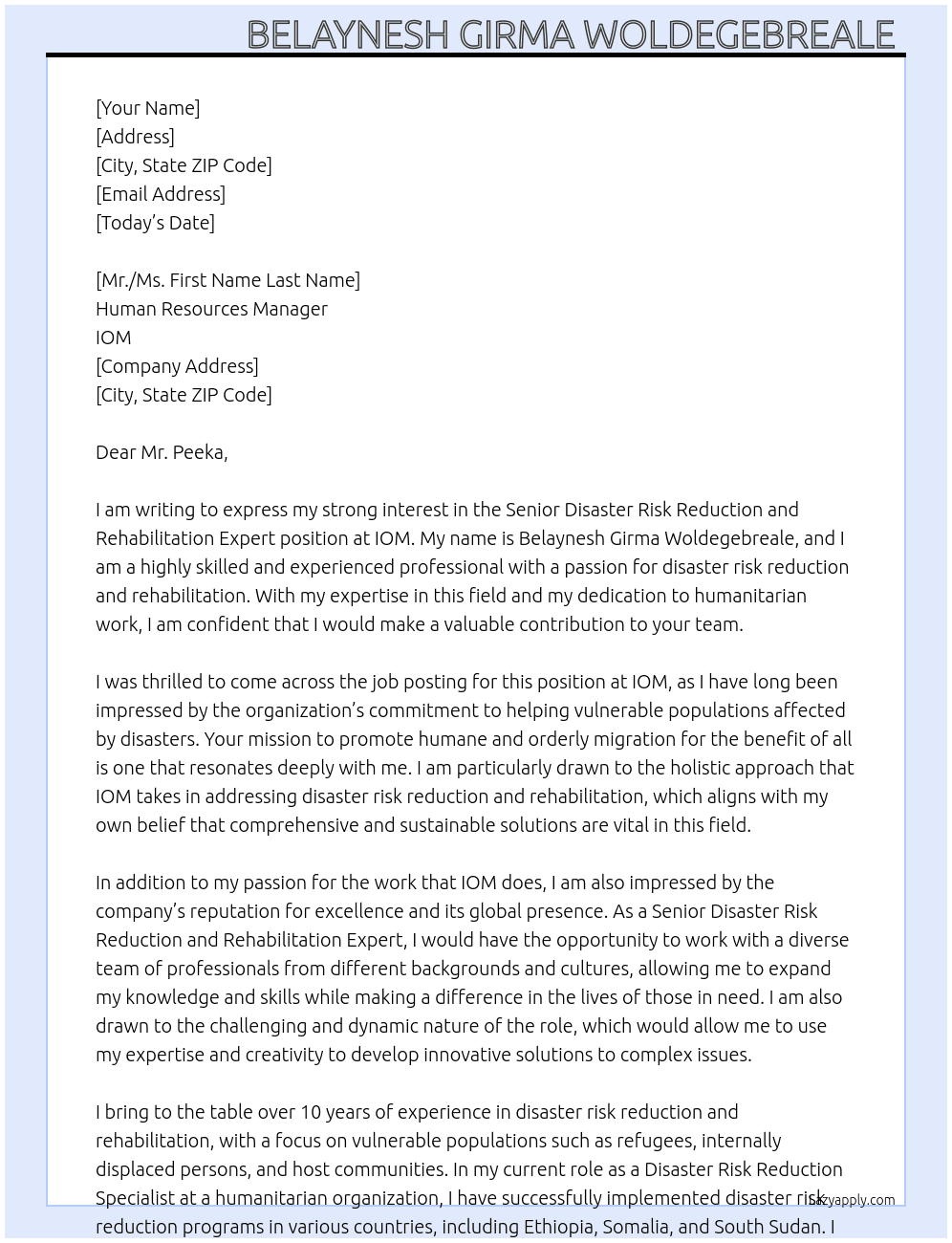 Senior Disaster Risk Reduction and Rehabilitation Expert  At IOM  Cover Letter