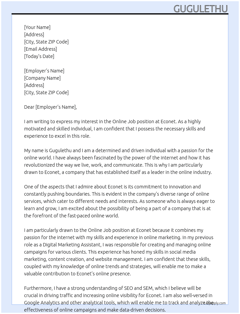 Online job  At Econet  Cover Letter