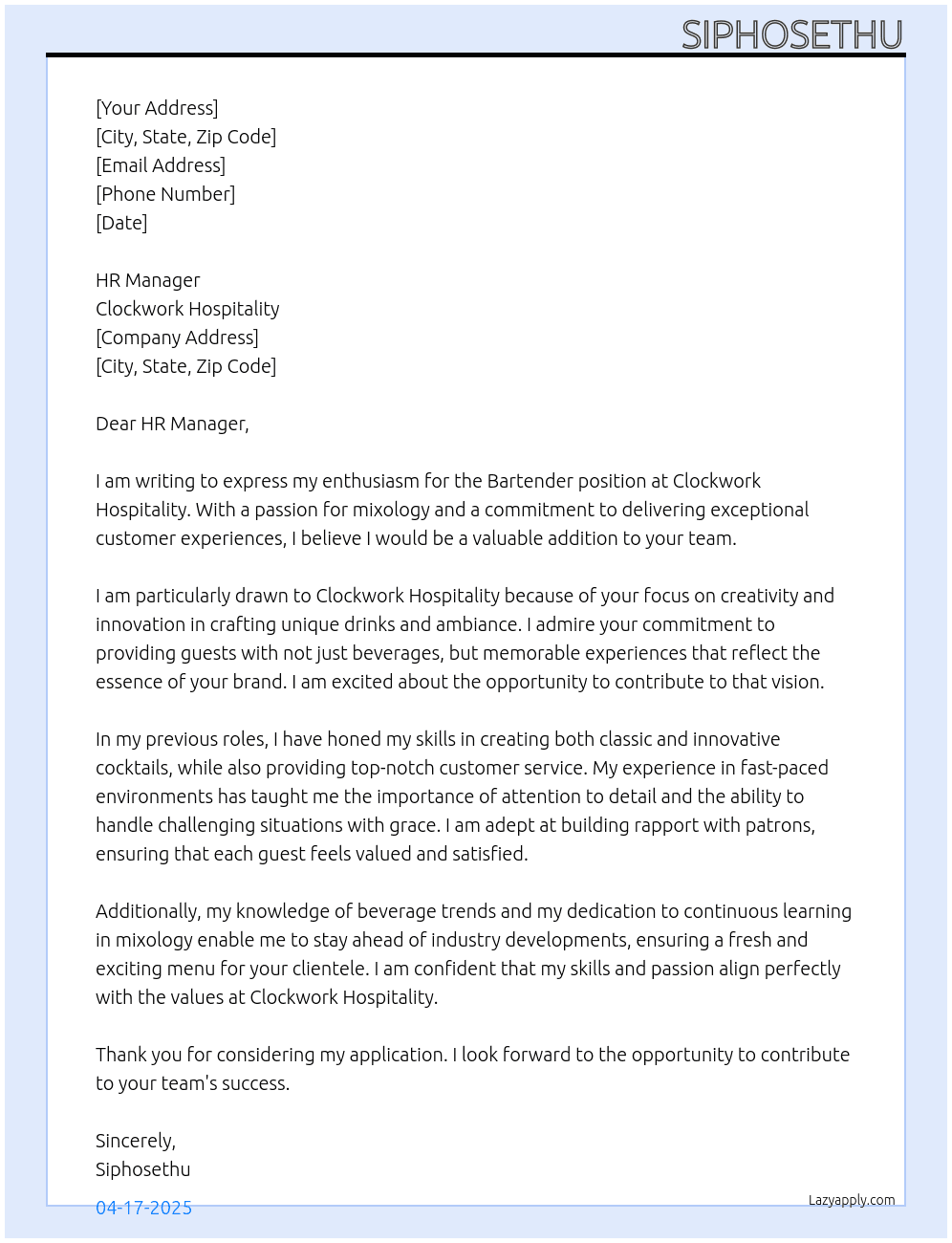 Bartender At Clockwork hospitality Cover Letter