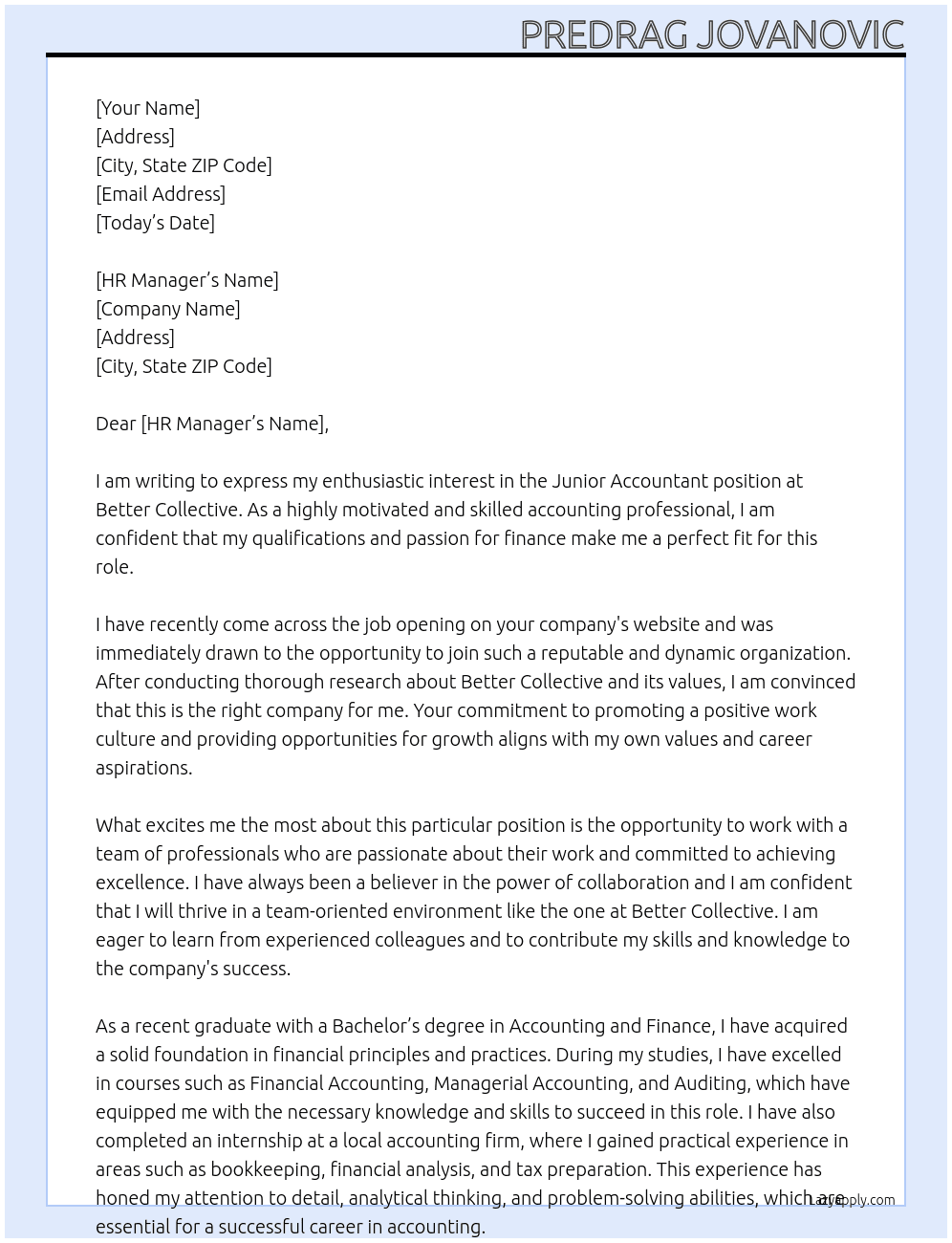 Junior accountant  At Better collective Cover Letter