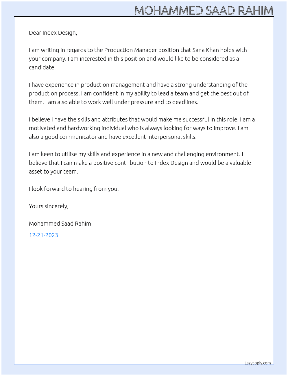 Production Manager At Index Design Cover Letter