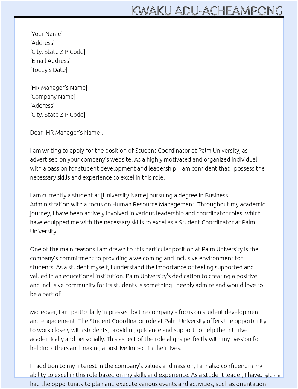 STUDENT COORDINATOR At PALM UNIVERSITY Cover Letter