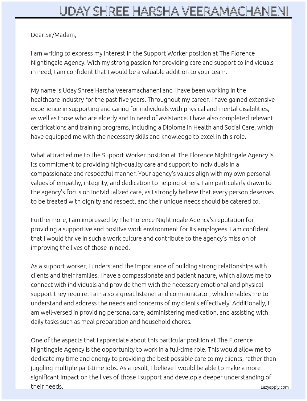 Support worker  At The Florence Nightingale Agency Cover Letter