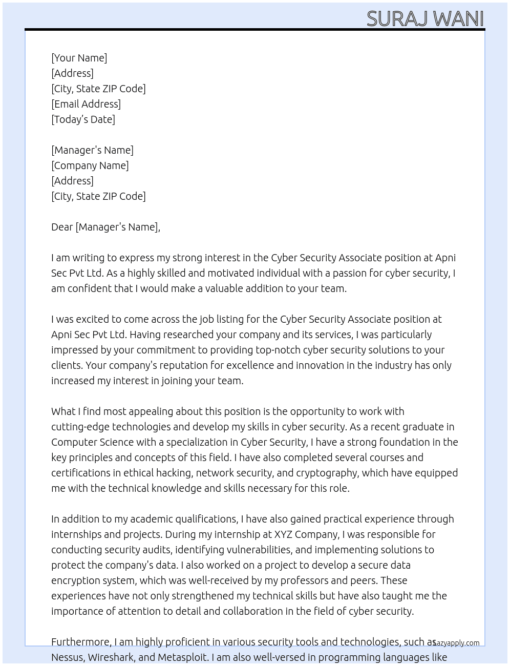 Cyber security Associate At Apni Sec Pvt Ltd Cover Letter