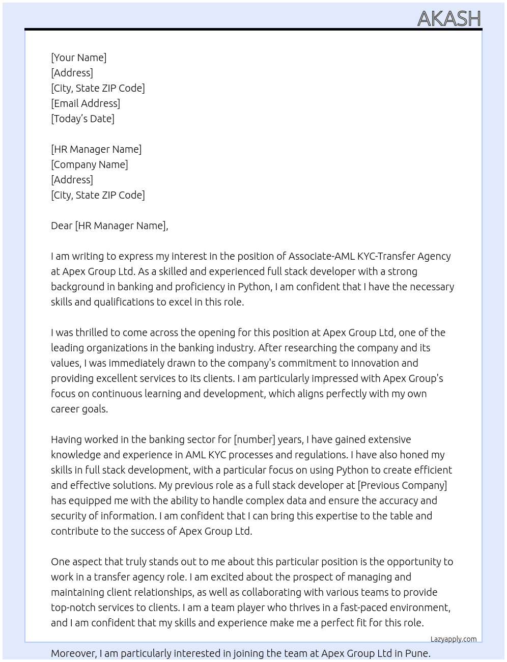 Associate- AML KYC -Transfer Agency At Apex Group ltd Cover Letter