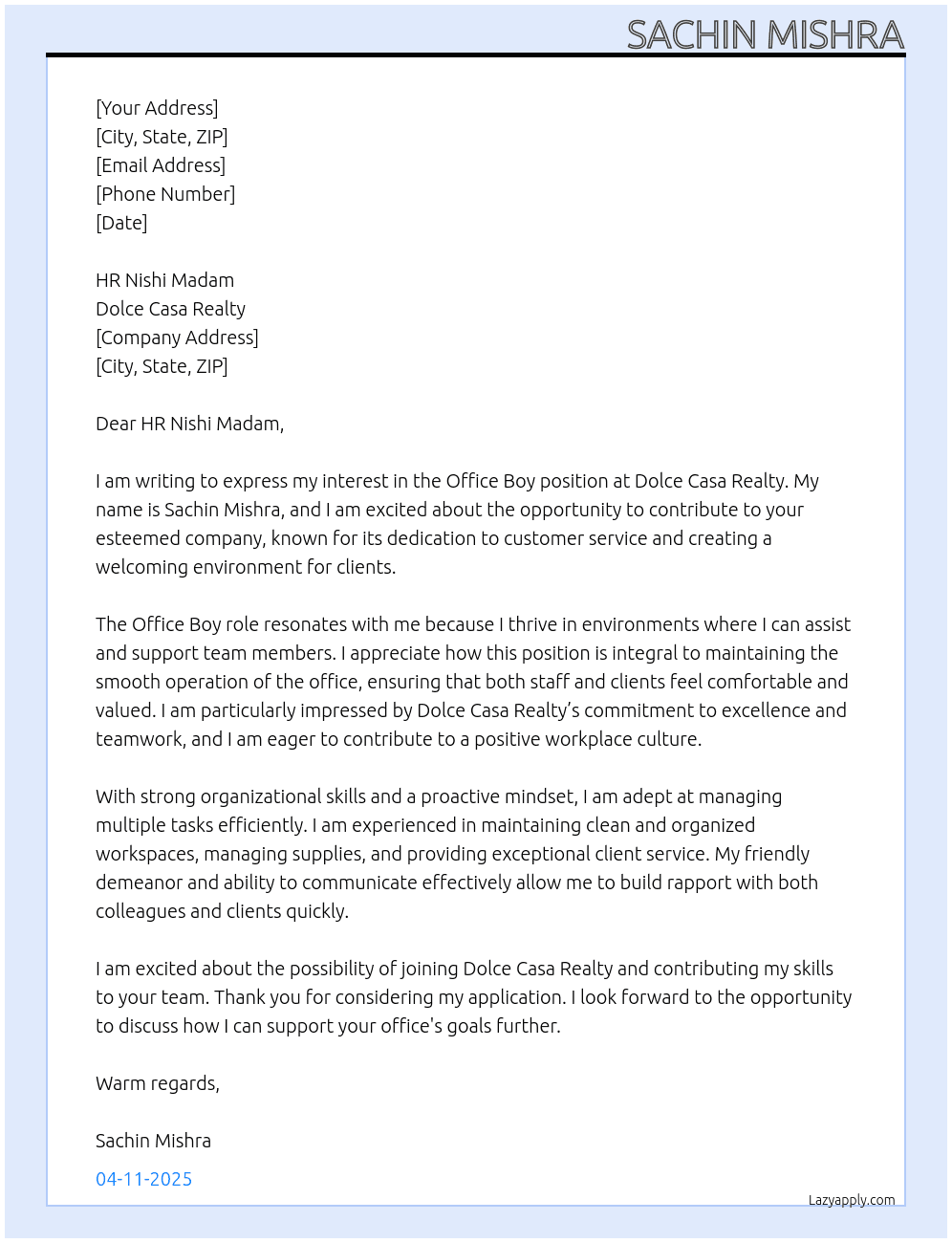 OFFICE BOY At Dolce Casa Realty Cover Letter