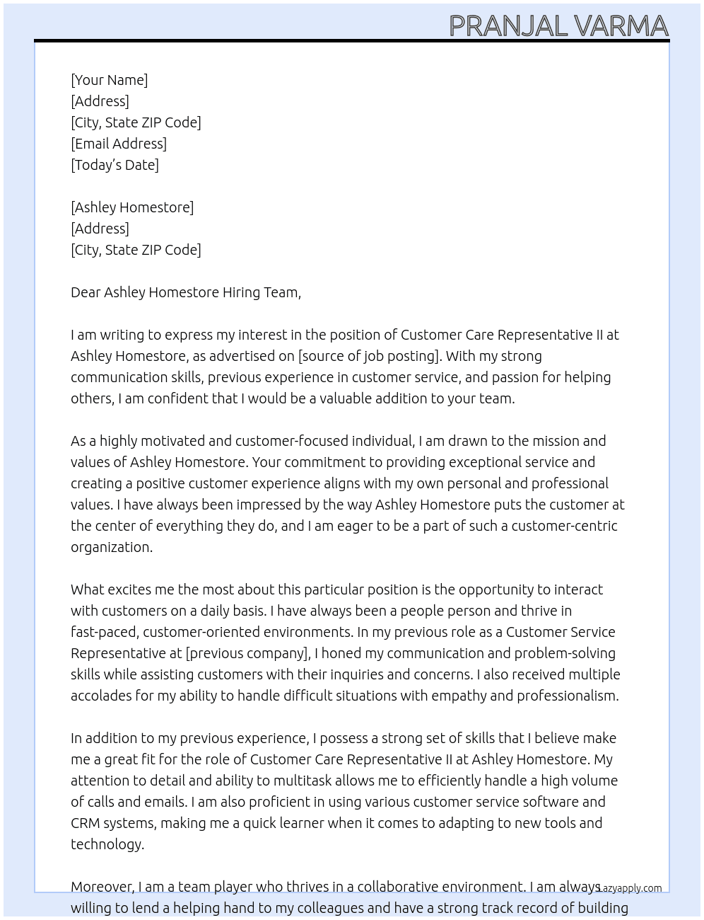 Customer Care Representative II At Ashley Homestore Cover Letter