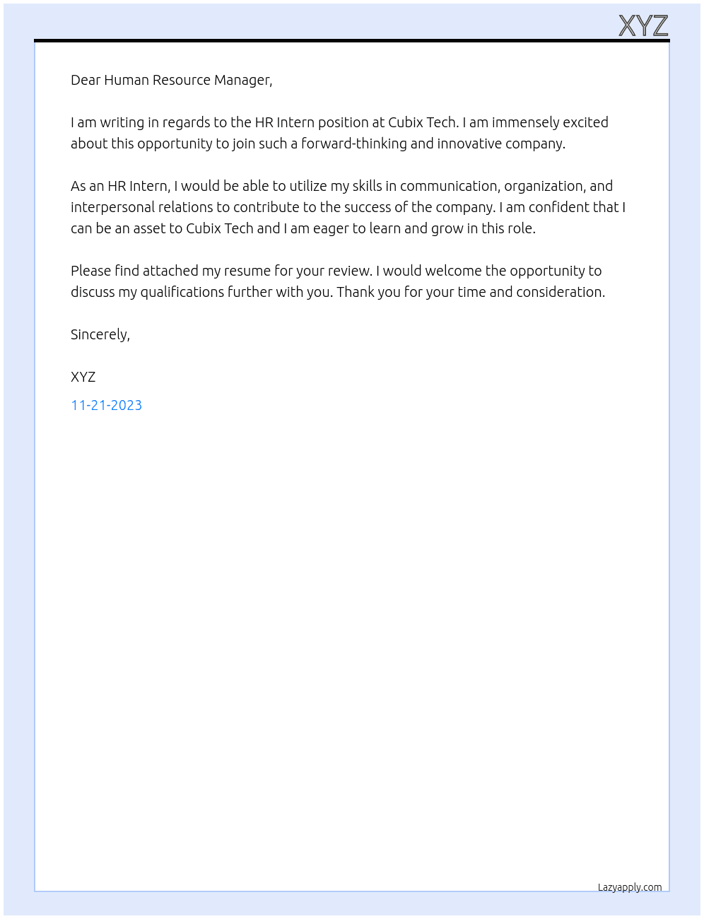 HR Intern At Cubix Tech Cover Letter
