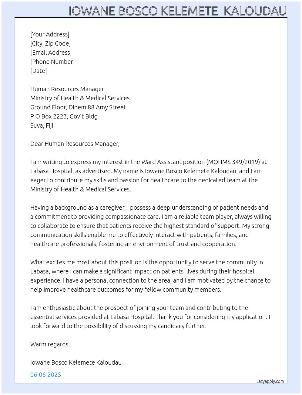 Cover letter for mohms 349/2019 ward assistant, labasa  hospital - LazyApply