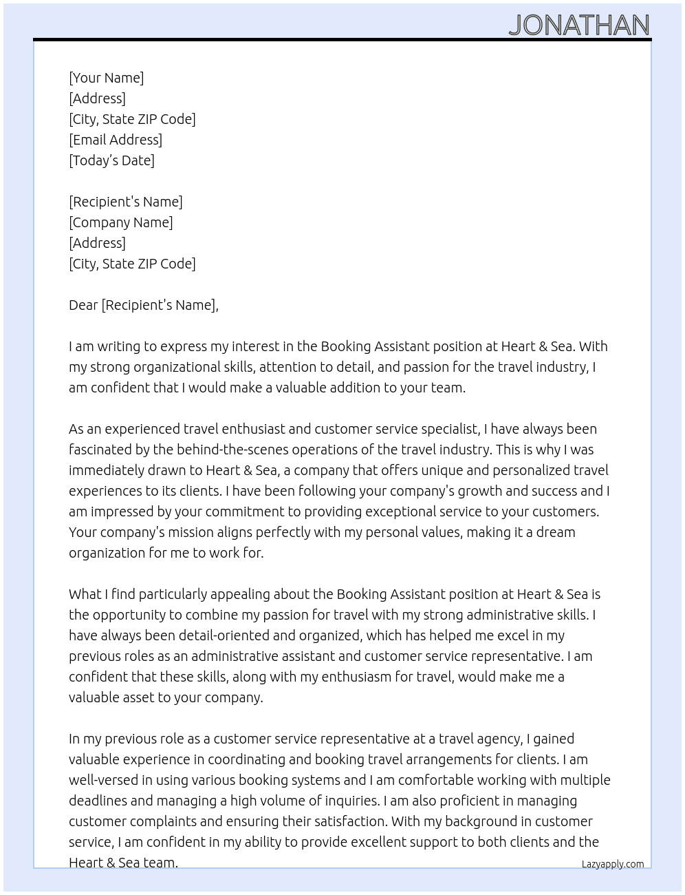 booking assistant At Heart & Sea Cover Letter