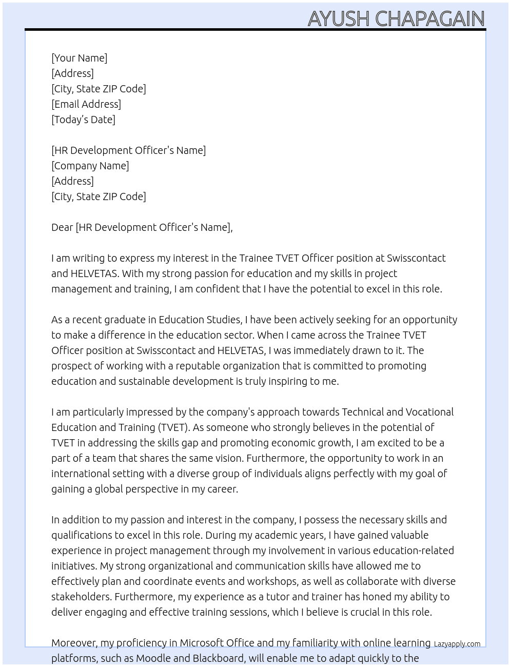 Trainee TVET Officer At Swisscontact and HELVETAS Cover Letter