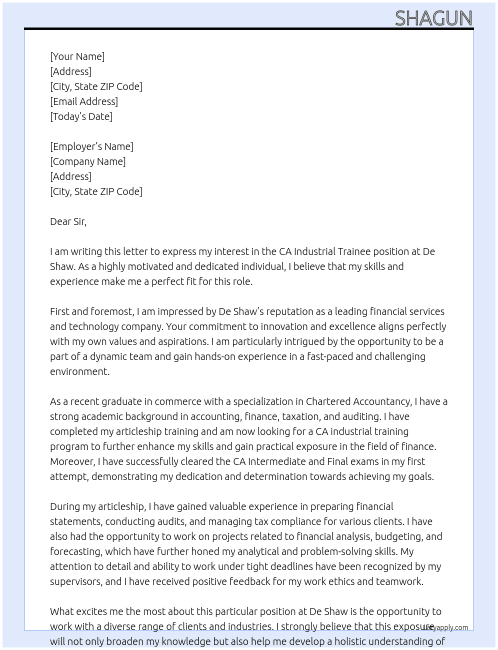 CA industrial trainee At De Shaw Cover Letter