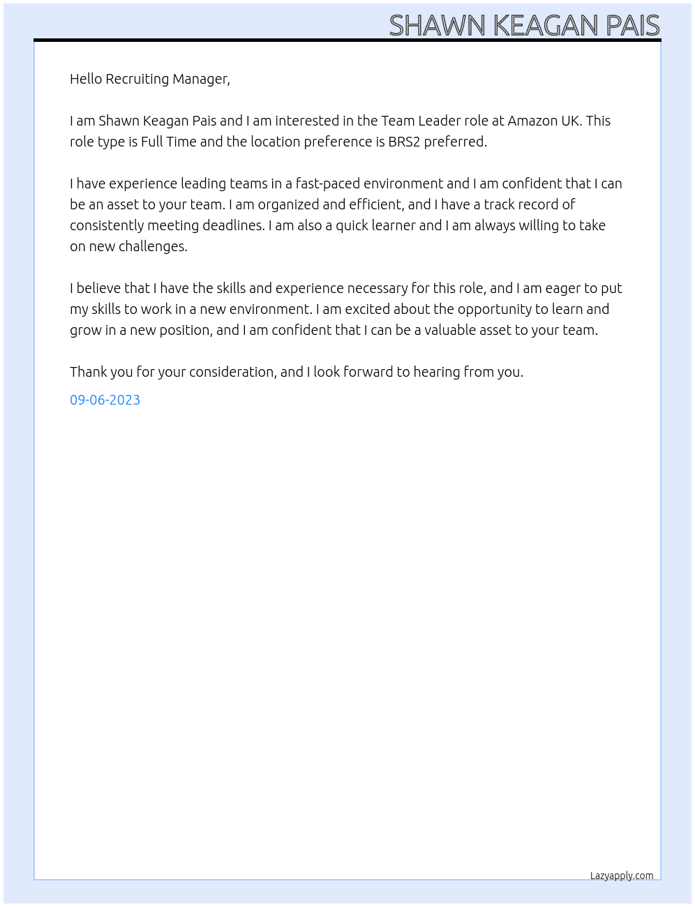 Team Leader At Amazon Uk Cover Letter