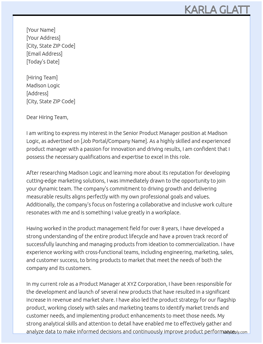 Senior Product Manager At Madison Logic Cover Letter