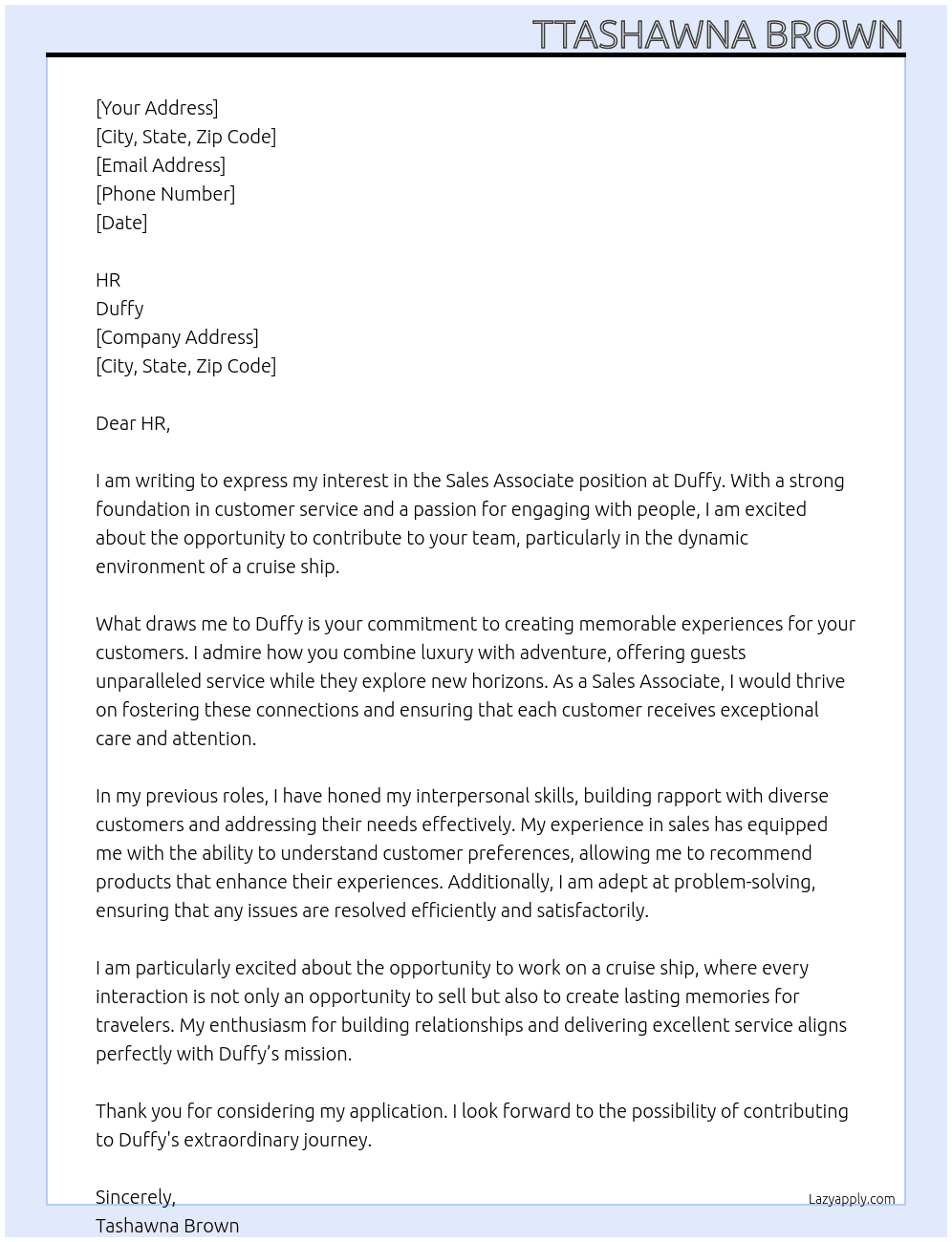 Sales associate  At Duffy  Cover Letter