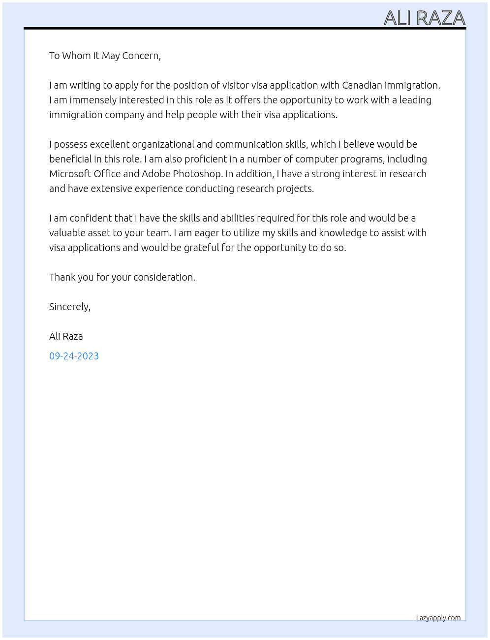 Visitor visa application At Canadian immigration  Cover Letter