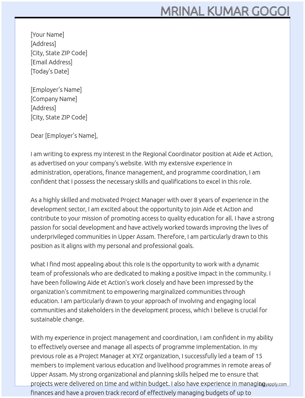 Regional Cooedinator At Aide et Action Cover Letter