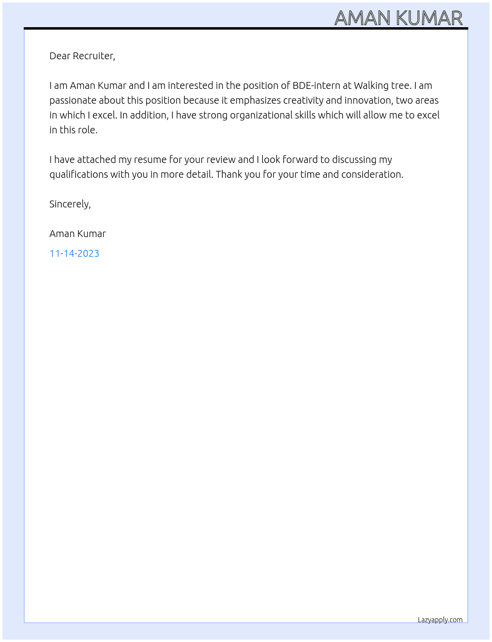 BDE-intern At Walking tree  Cover Letter