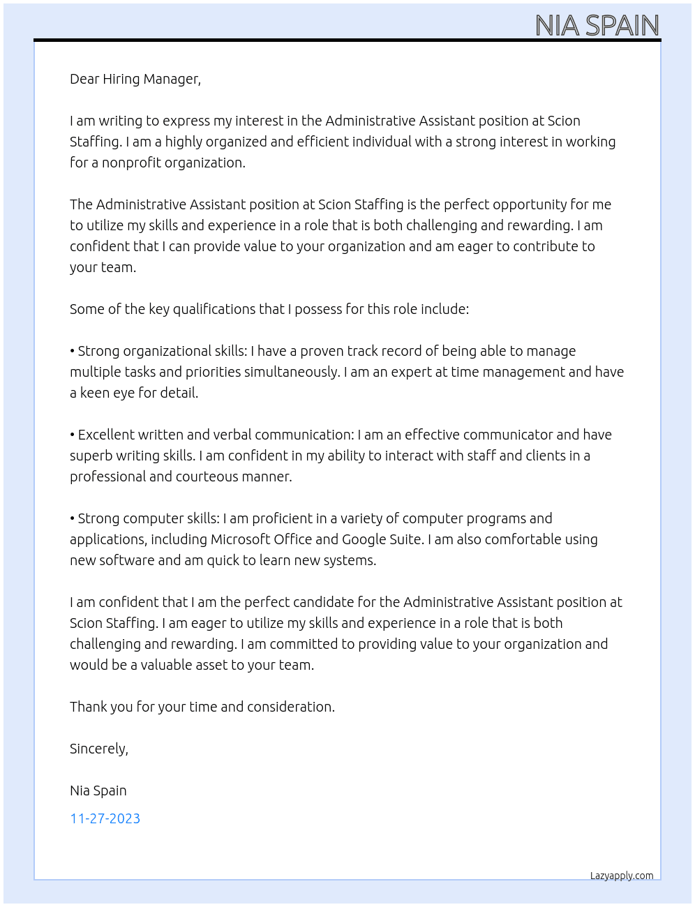 Administrative Assistant (Nonprofit) At Scion Staffing Cover Letter