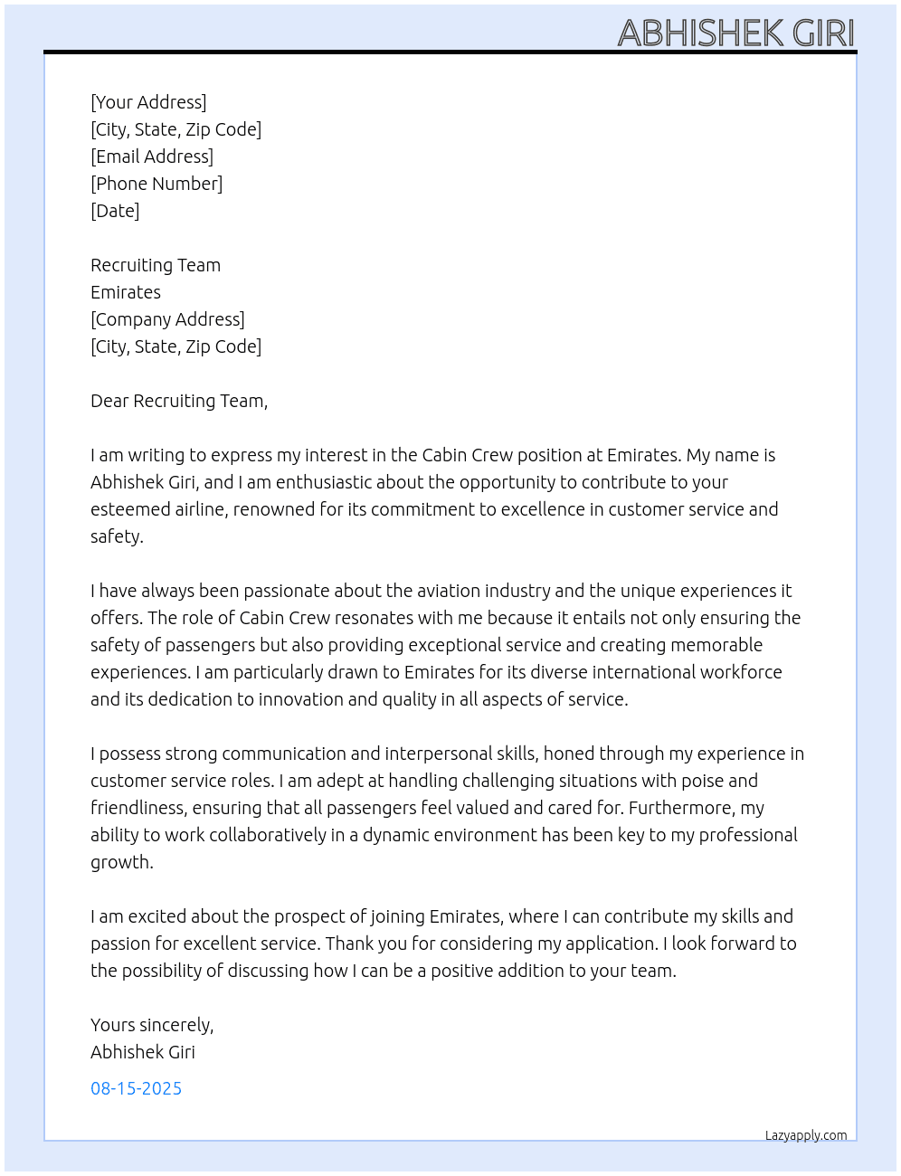 cabin crew At emirates Cover Letter