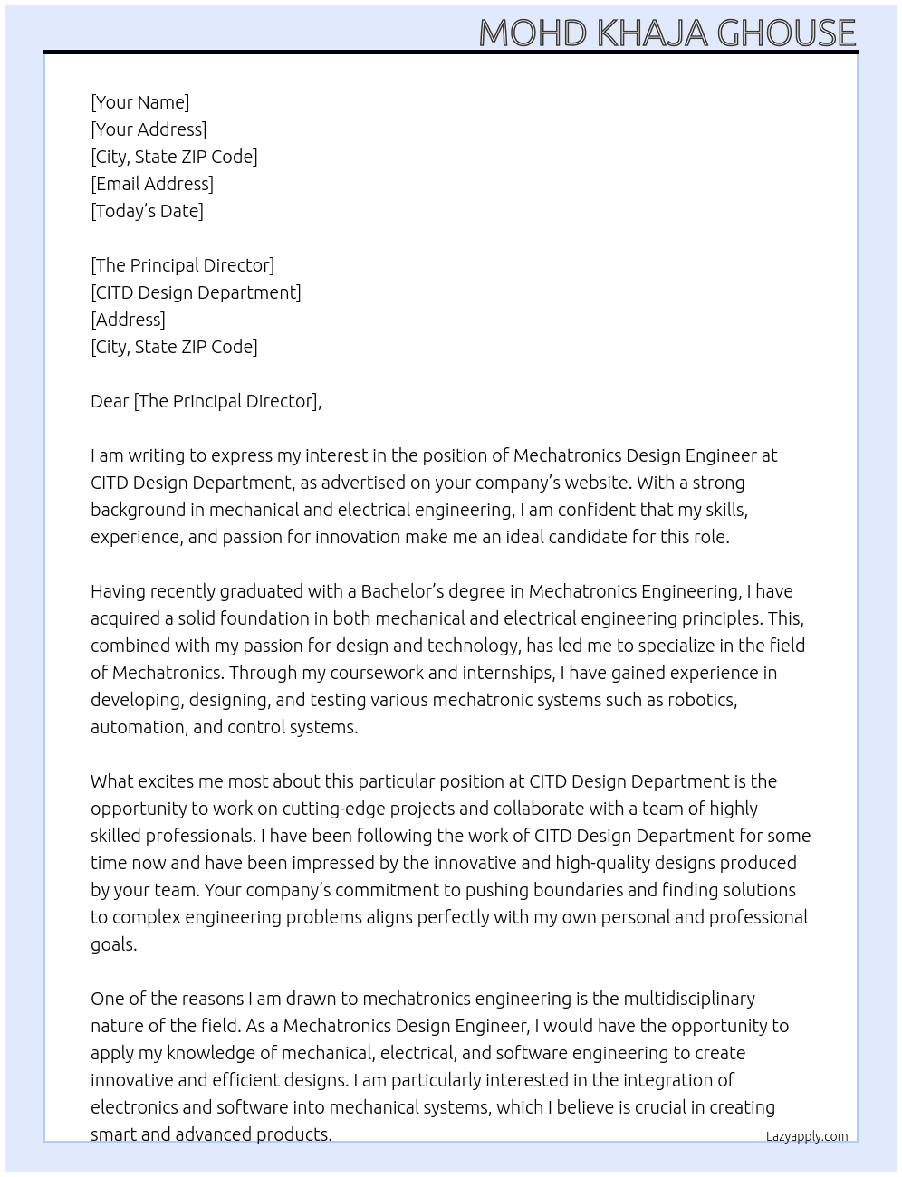 Mechatronics design engineer  At Citd design department  Cover Letter