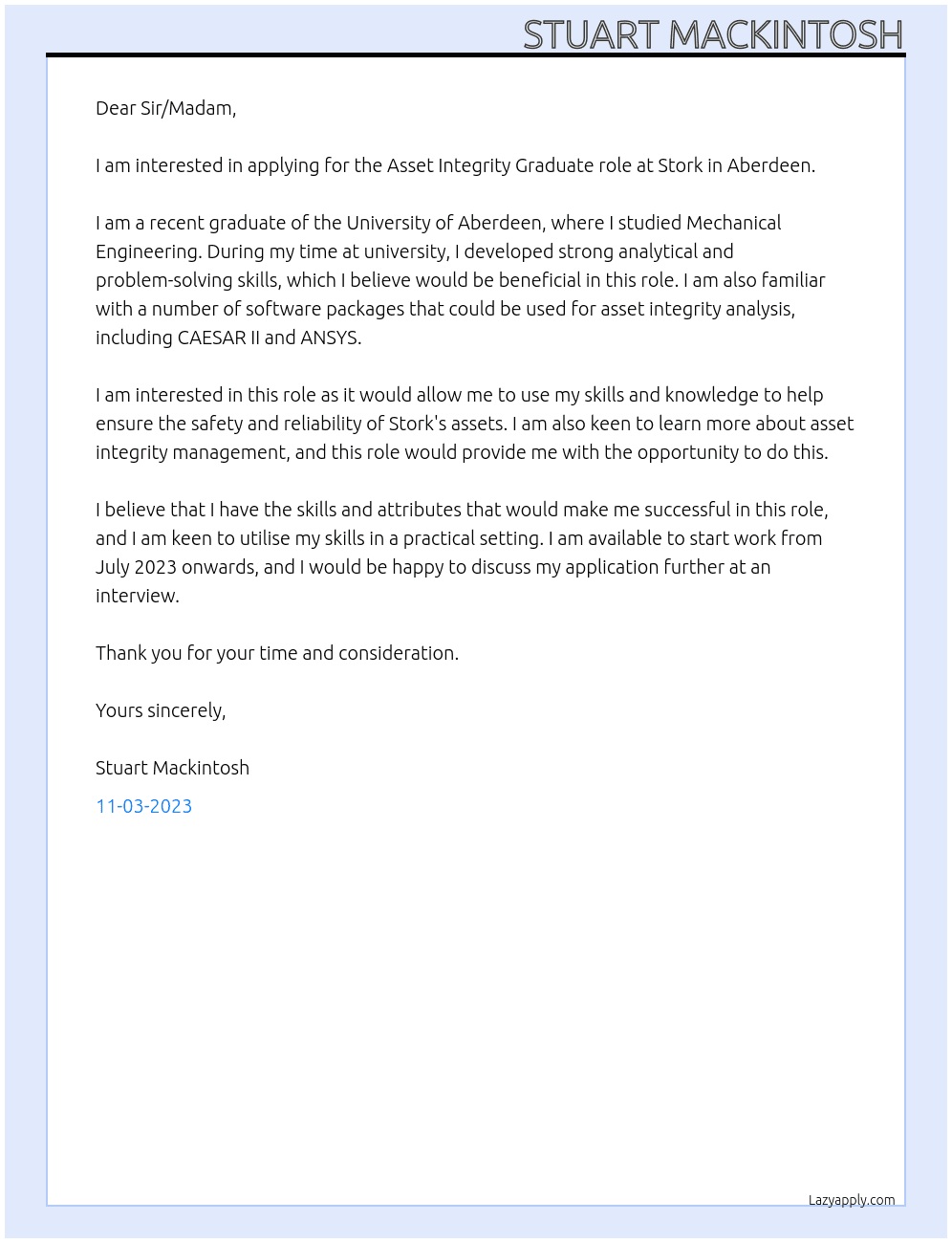 Asset Integrity Graduate Aberdeen 2023 At Stork Cover Letter