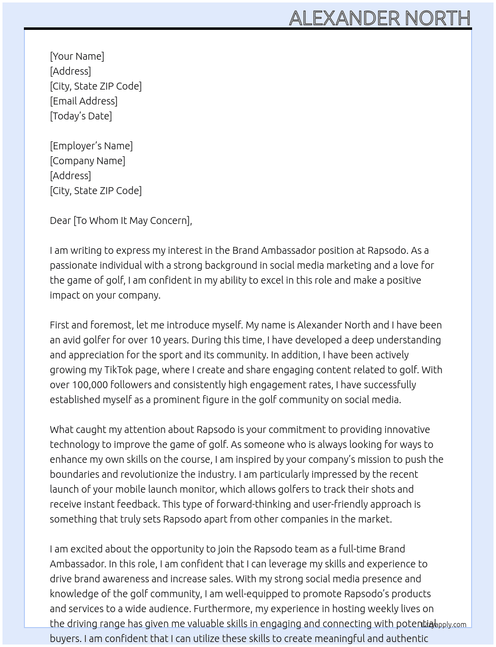 Brand Ambassador  At Rapsodo Cover Letter