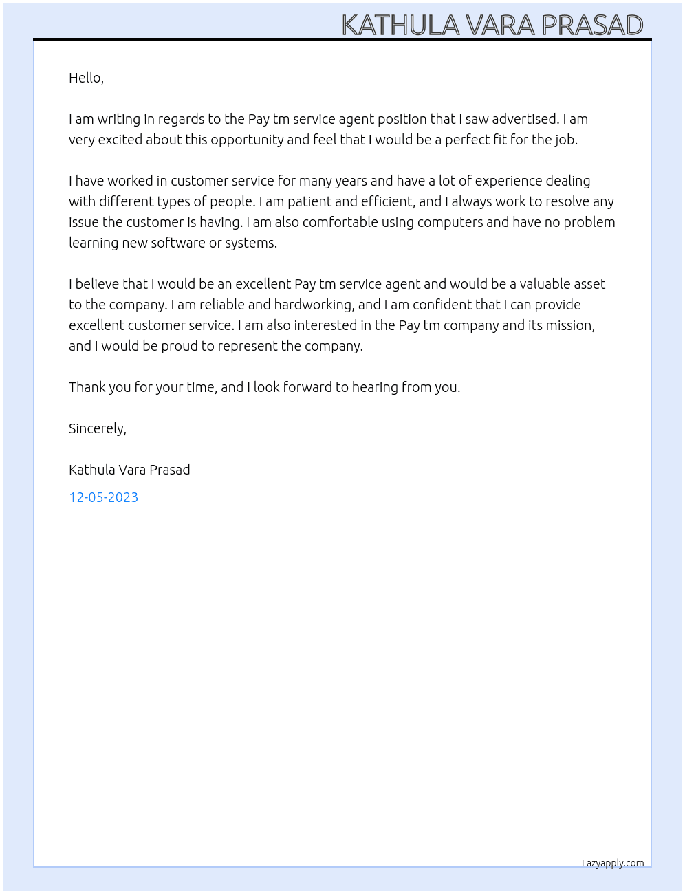 Pay tm service agent pay At Pay tm  Cover Letter