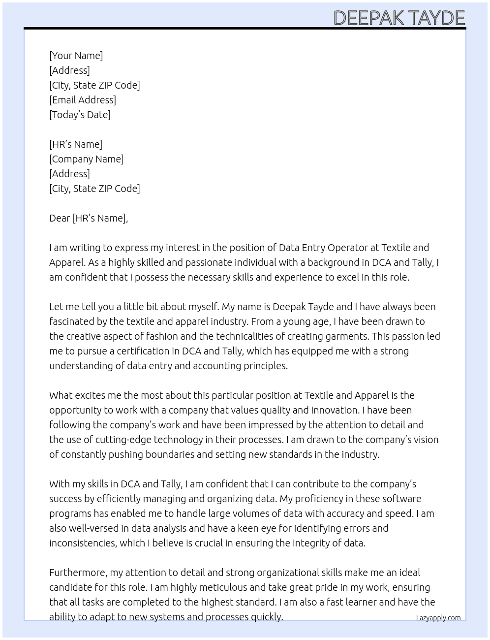 Data entry operator At Textile and apparel Cover Letter