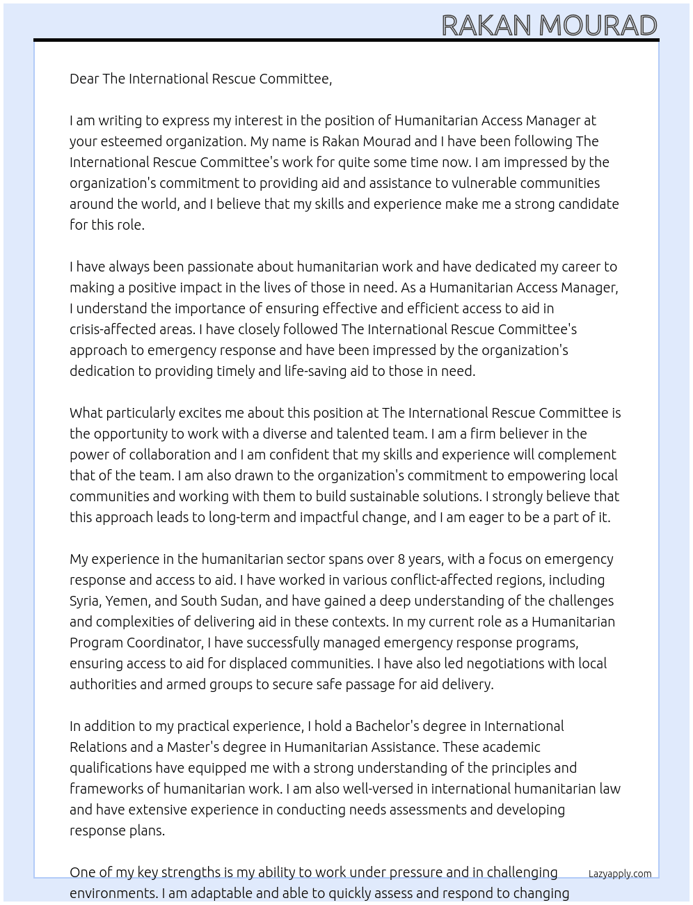 Humanitarian Access Manager At The international rescue committee Cover Letter