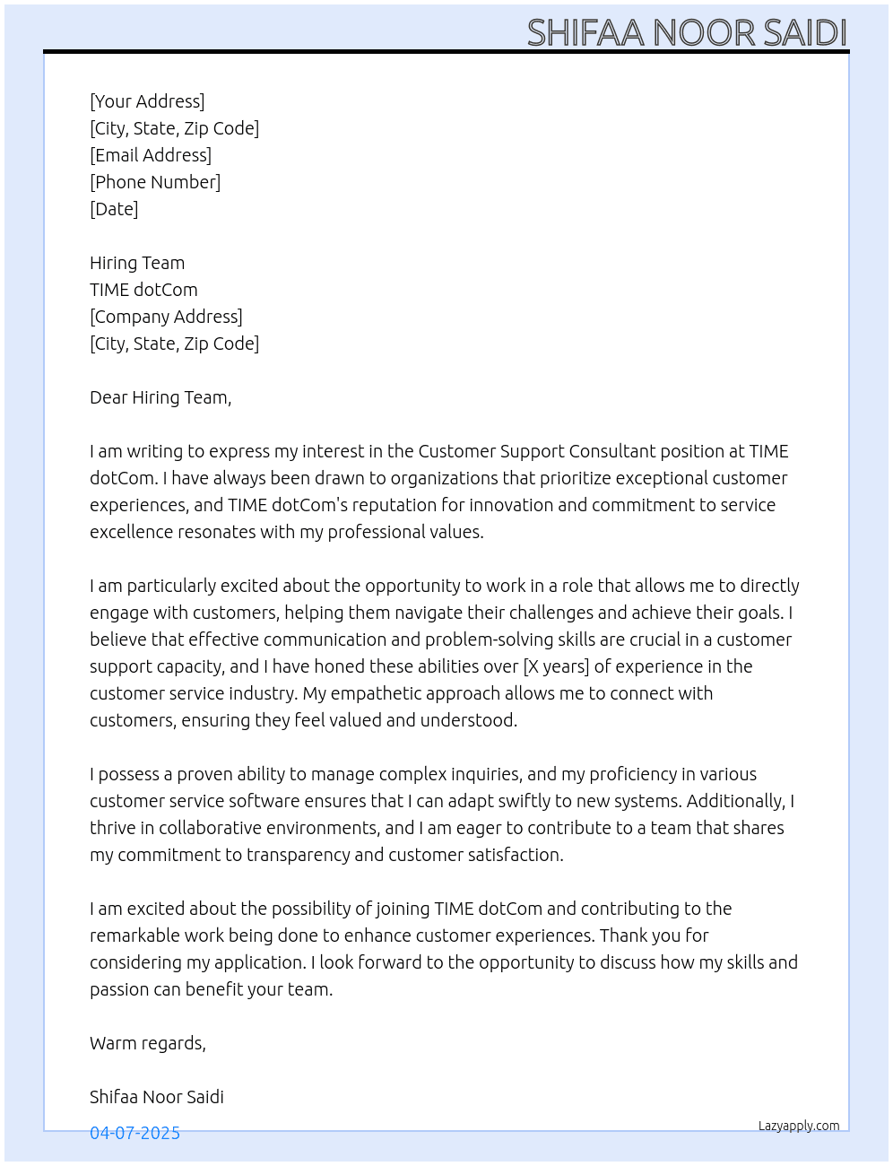 Customer Support Consultant At TIME dotCom Cover Letter