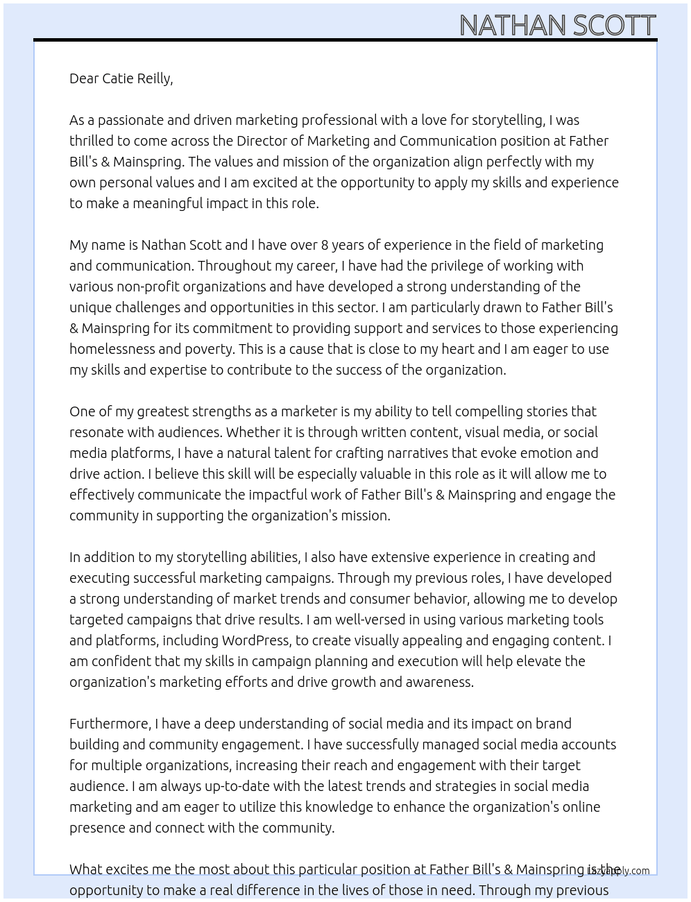 Director of Marketing and Communication At Father Bill's & Mainspring Cover Letter