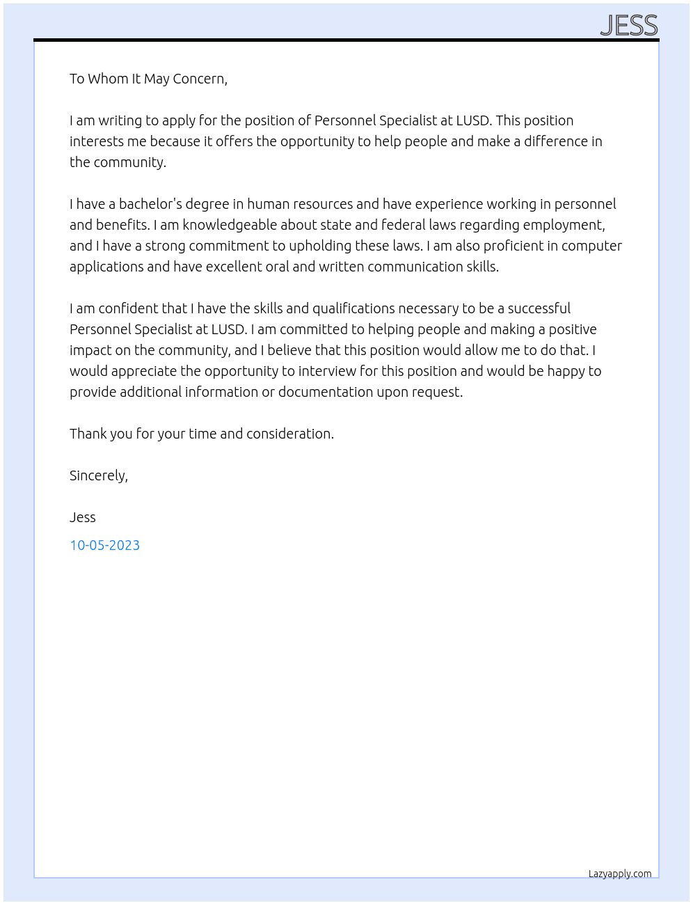 Personnel Specialist  At LUSD Cover Letter