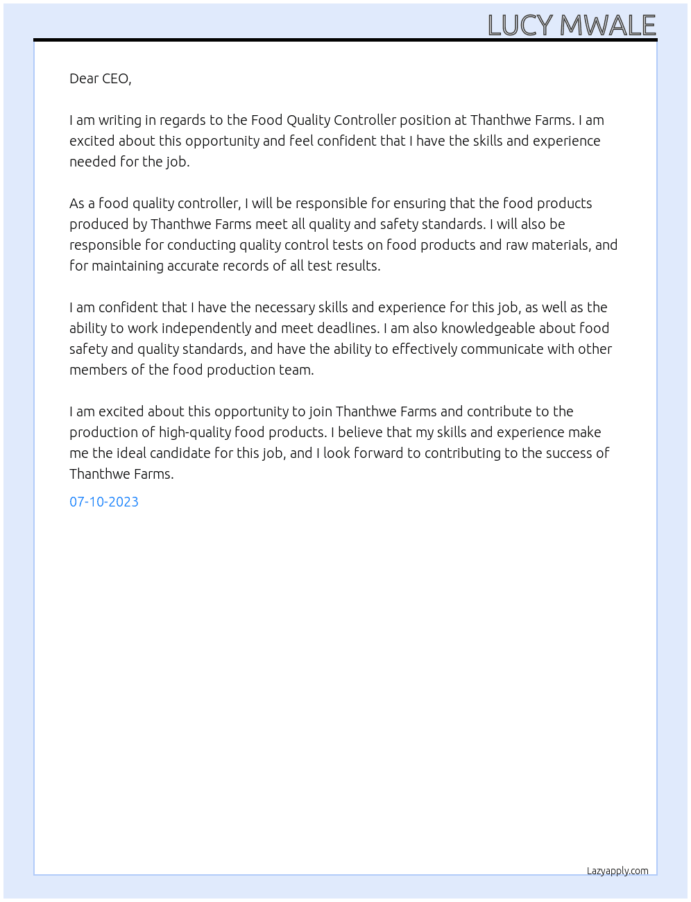 Food Quality Controller At Thanthwe Farms Cover Letter