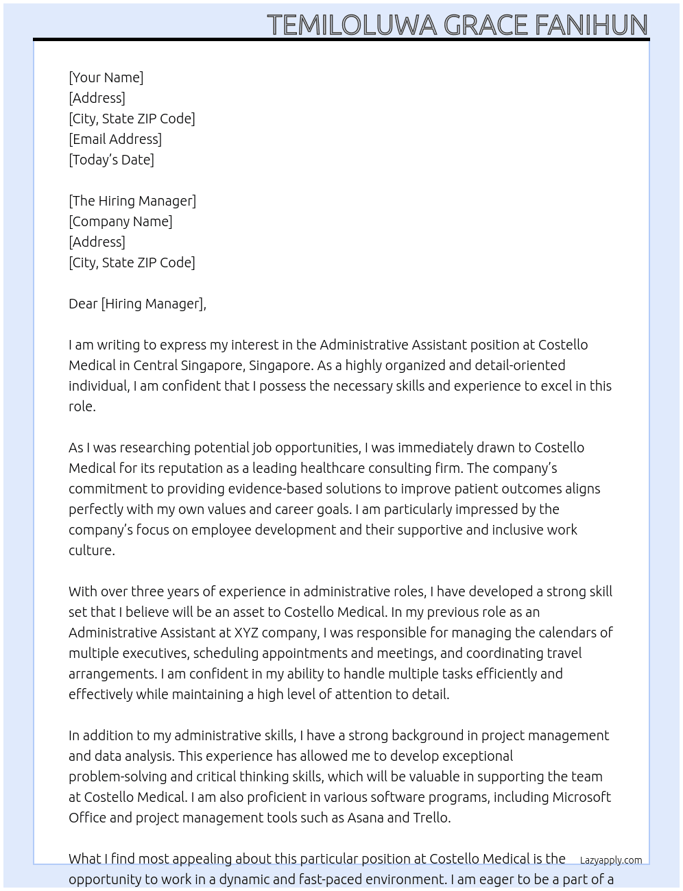 Administrative Assistant At Costello Medical, Central Singapore, Singapore. Cover Letter