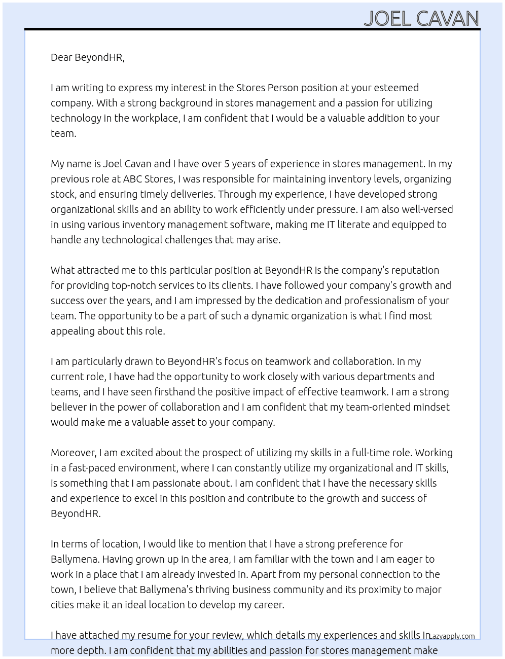 Stores Person At BeyondHR Cover Letter