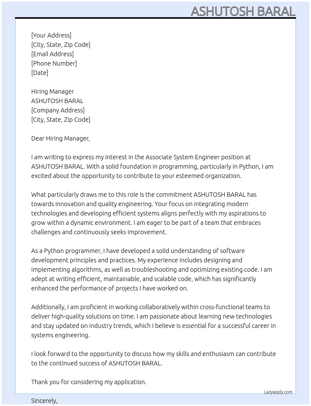 Associate System Engineer At ASHUTOSH BARAL Cover Letter