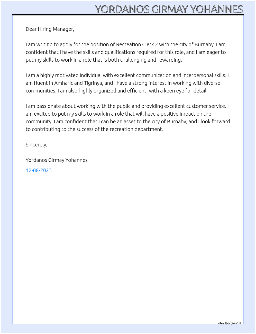 Recreation Clerk 2 At city of Burnaby  Cover Letter