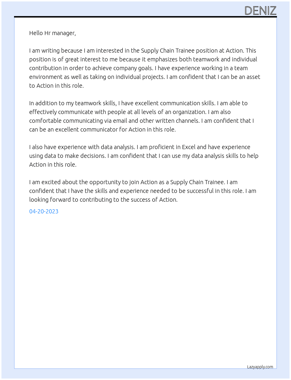 Supply Chain Trainee At Action Cover Letter