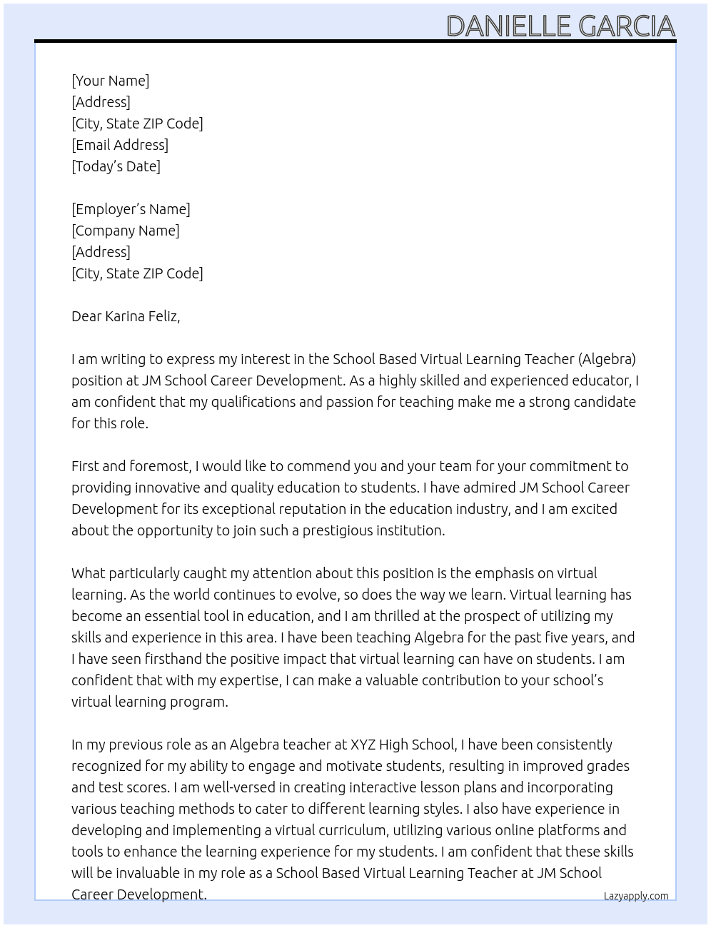 School Based Virtual Learning Teacher (Algebra) At JM School Career Development Cover Letter