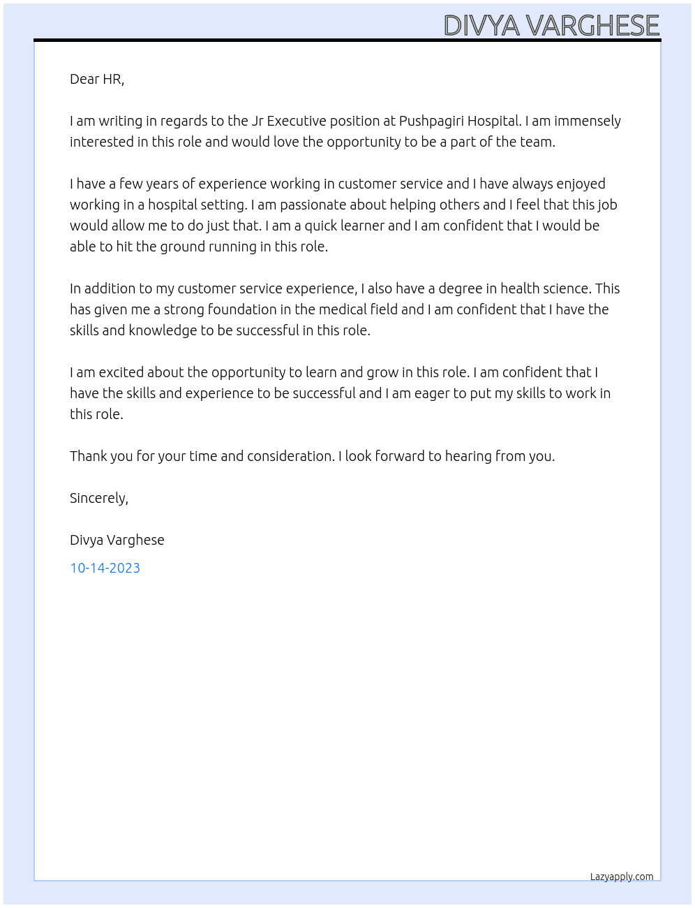 Jr Executive At Pushpagiri Hospital Cover Letter