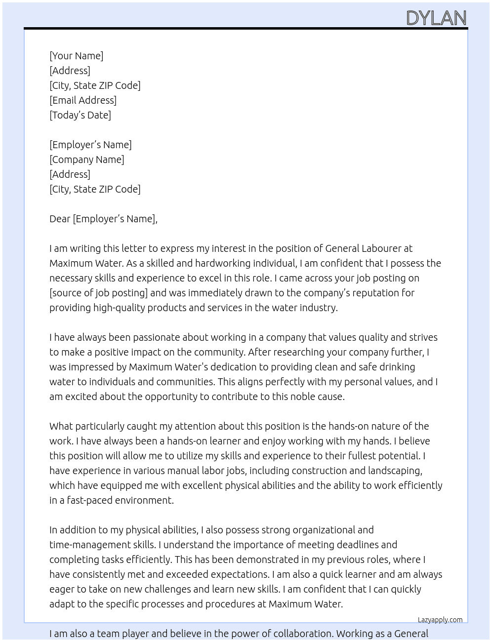 General labourer At Maximum water  Cover Letter