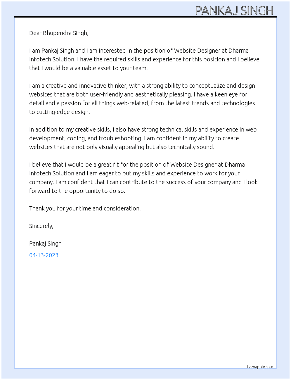Website Designer  At Dharma infotech Solution Cover Letter