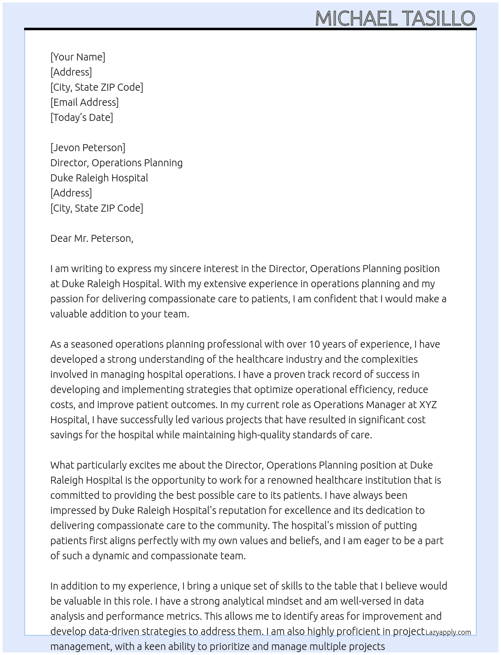 Director, Operations Planning At Duke Raleigh Hospital Cover Letter