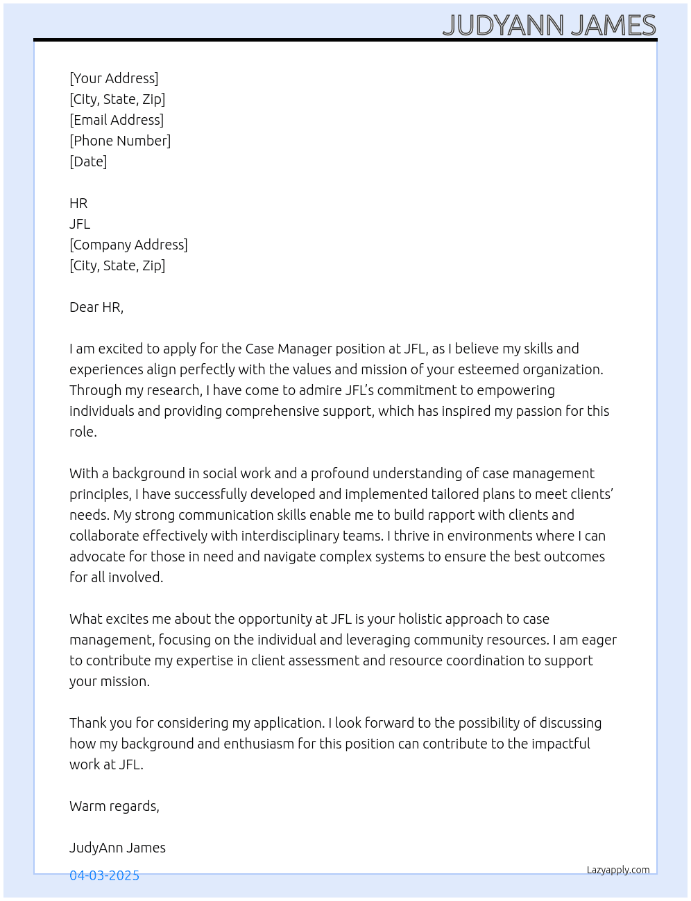 case Manager At JFL Cover Letter