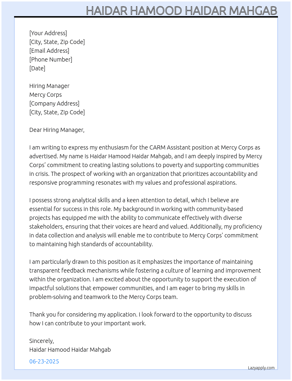 CARM Assistant At Mercy Corps Cover Letter