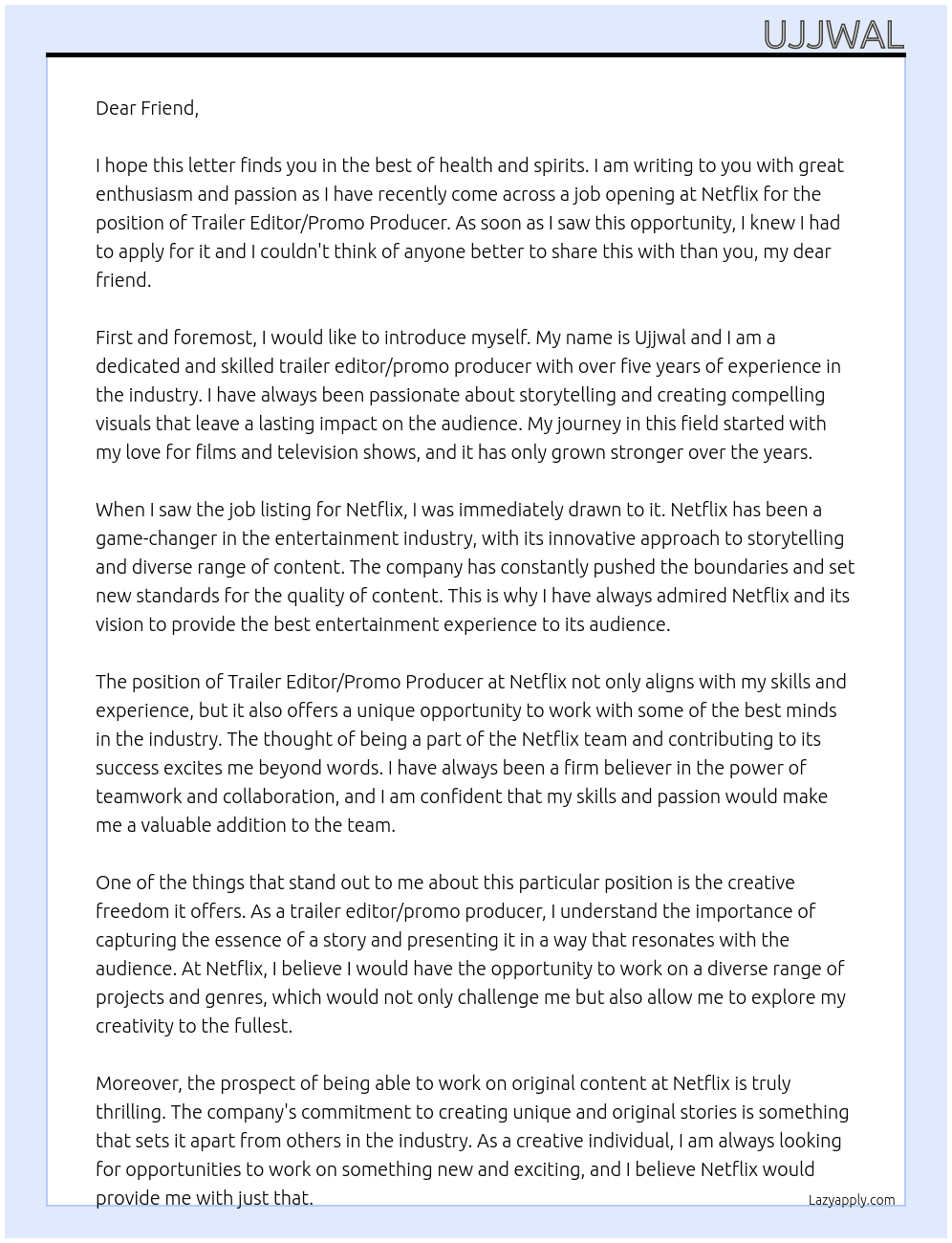 Trailer editor/promo producer  At Netfilx  Cover Letter