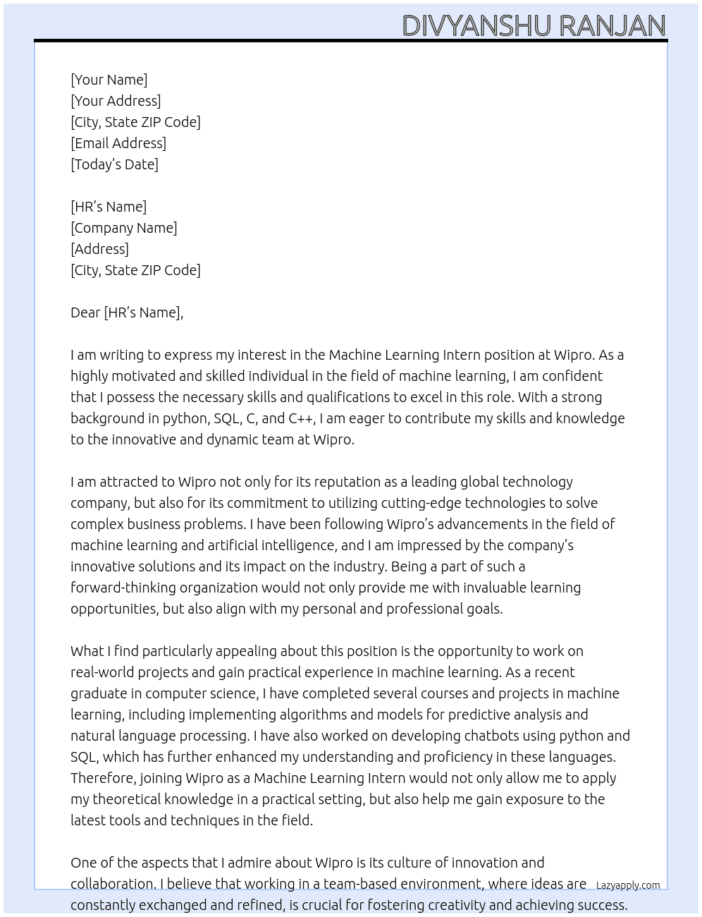 Machine Learning Intern At Wipro Cover Letter